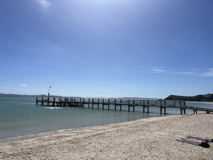The Mareatai Beach wharf on a sunny day 