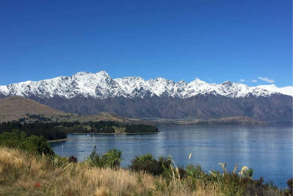 View of the snow covered Remarkables Mountain Range from a Lookout in Fernhill