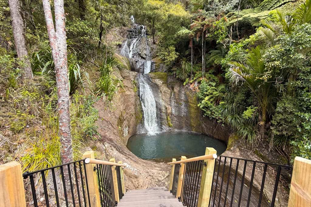 The boardwalk leading down to the blue pool at the base of Fairy Falls.