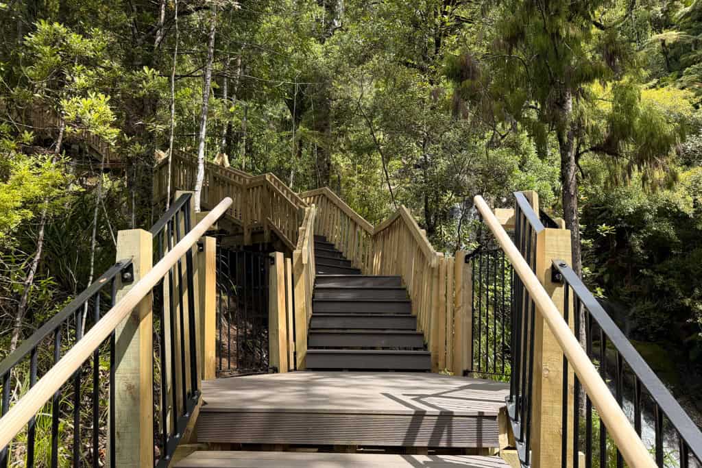 Newly renovated wooden stairs going up the hill at Fairy Falls.