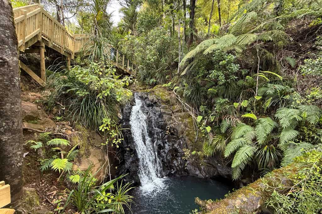 The upper waterfall flowing underneath the boardwalk.