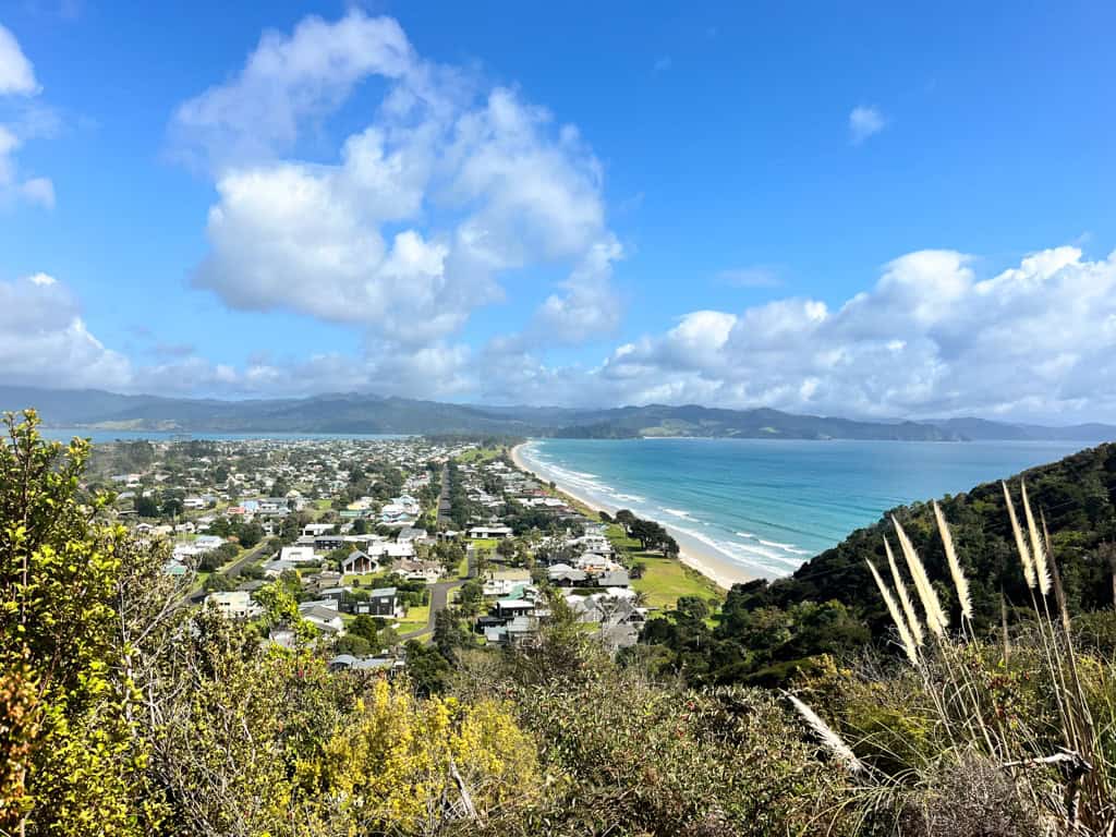 The beach of Matarangi from the top of the bluff walk.