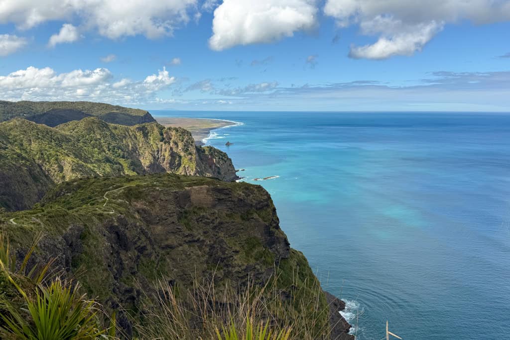 The grassy cliffs at the Mercer Bay Loop walk with the blue ocean in the background.