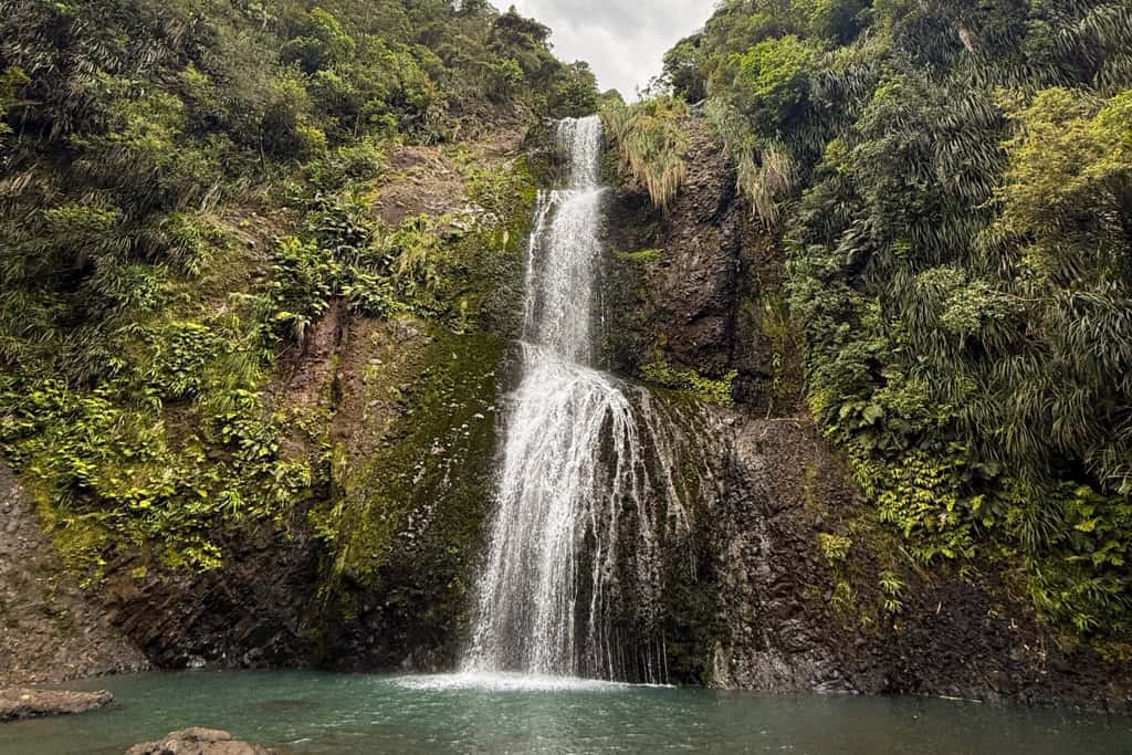 The water from Kitekite Falls Crashes over the edge and into the pool below.