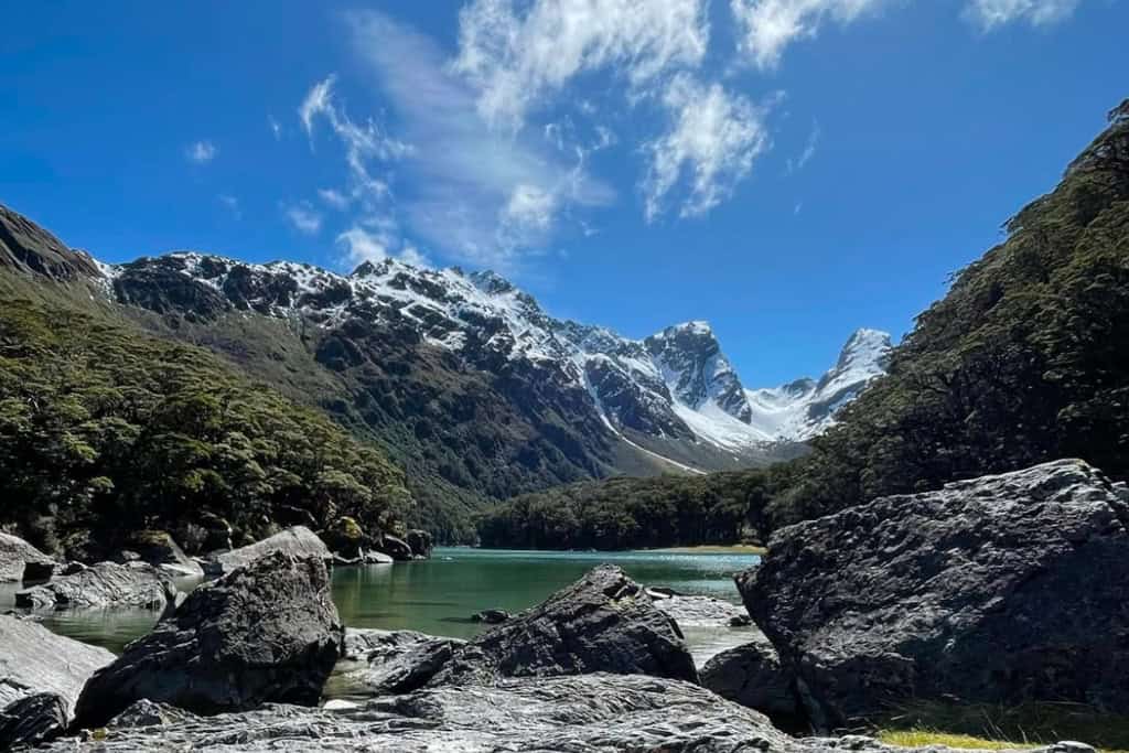 A view across the lake looking at the snow capped Mountains near Glenorchy.