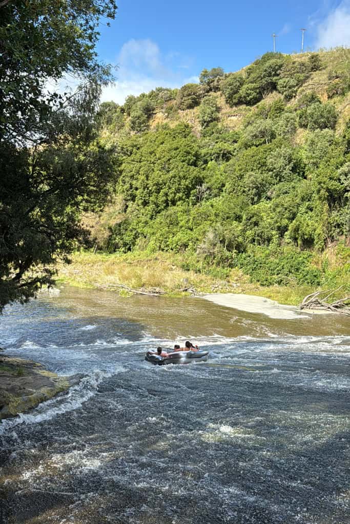 Group of girls sliding down the Rere Rockslide in a pool.