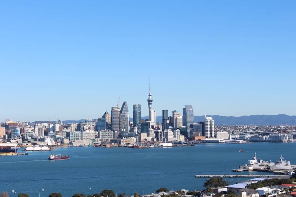 The view of the Auckland City skyline overlooking the harbour.