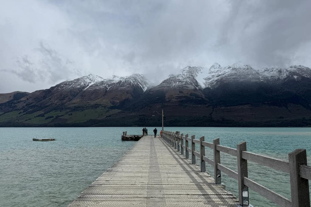 View down the wharf with mountains in the background in Glenorchy.