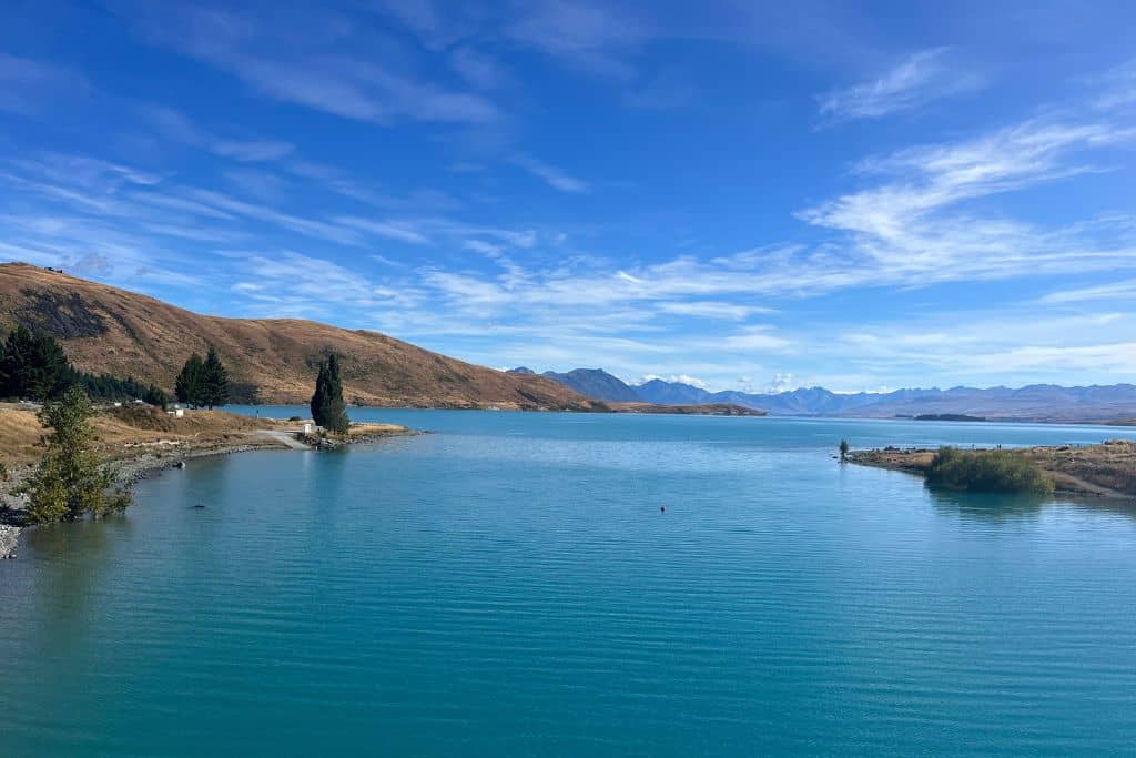 The bright blue water of Lake Tekapo.