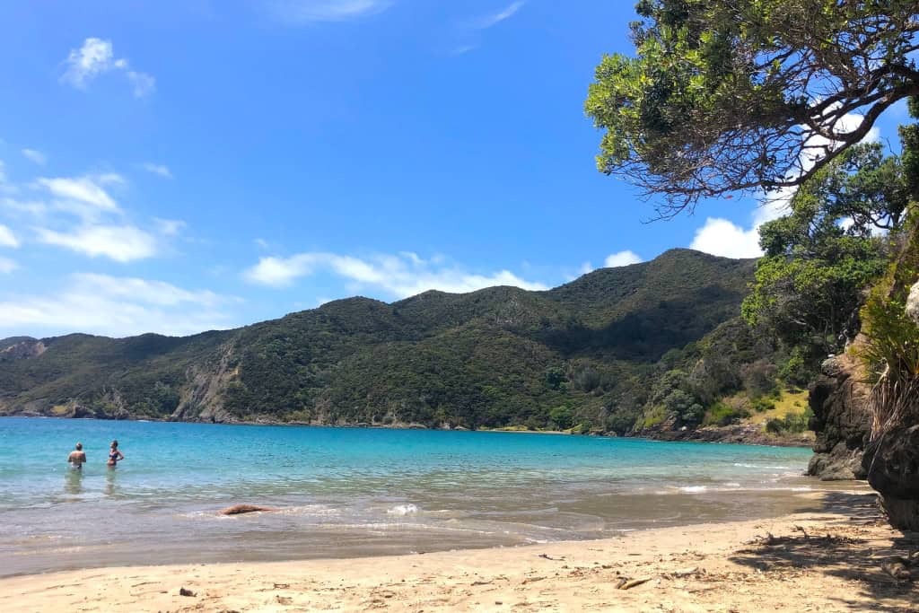 Golden sand leading into the crystal clear water.