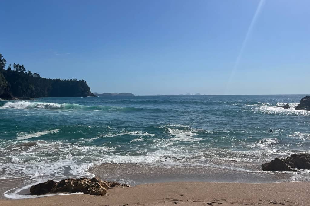 The choppy waves crashing on the sand at Pokohino Beach.