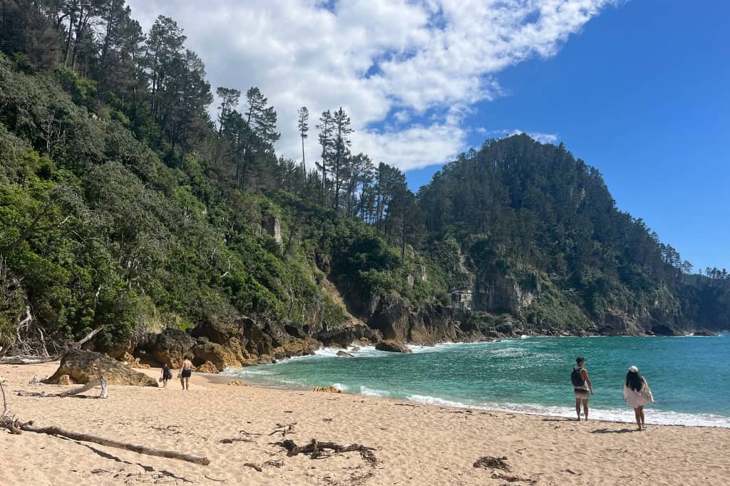Two people walking along the golden sand at Pokohino Beach.