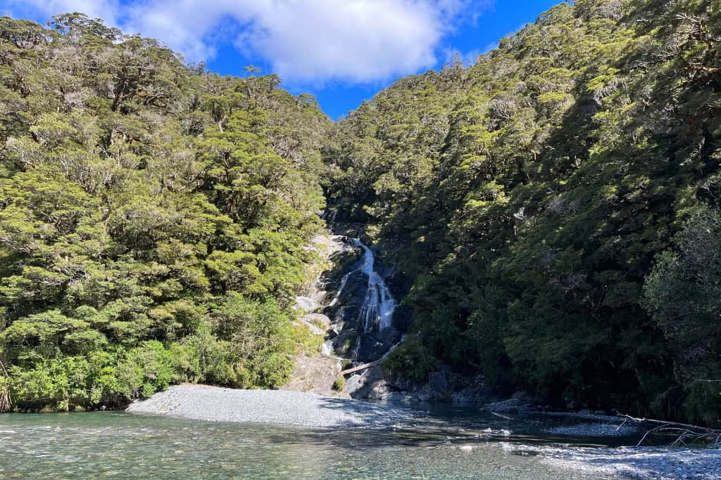 Fantail Falls surrounded by lush green native bush.