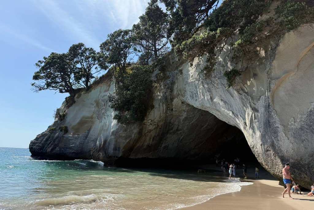The archway at Cathedral cove surrounded by water.