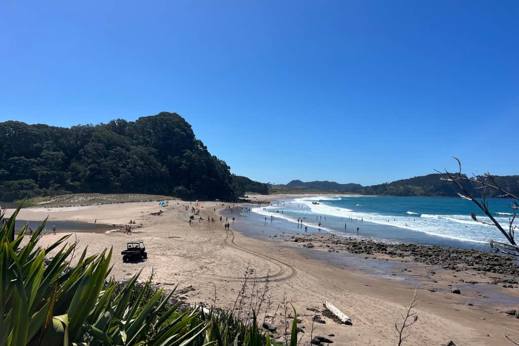 Hot Water Beach filled with people. 