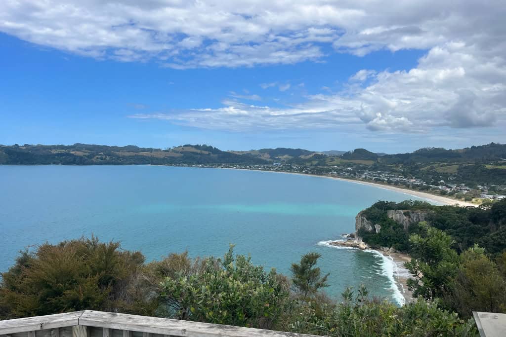 The view of Lonely Bay from above at Shakespear Point.