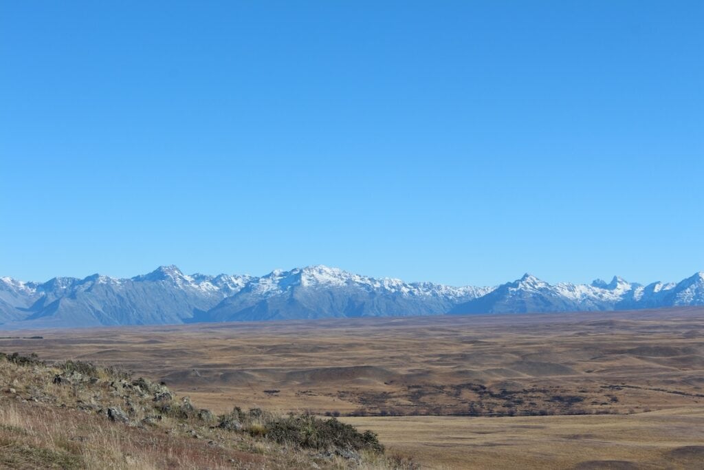 Snow covered mountains in the distance from the top of the Mt John Summit Track.