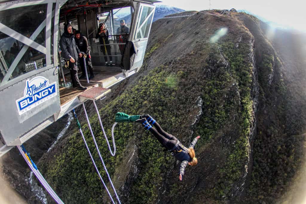 Woman doing a bungy jump at the Nevis bungy in Queenstown.
