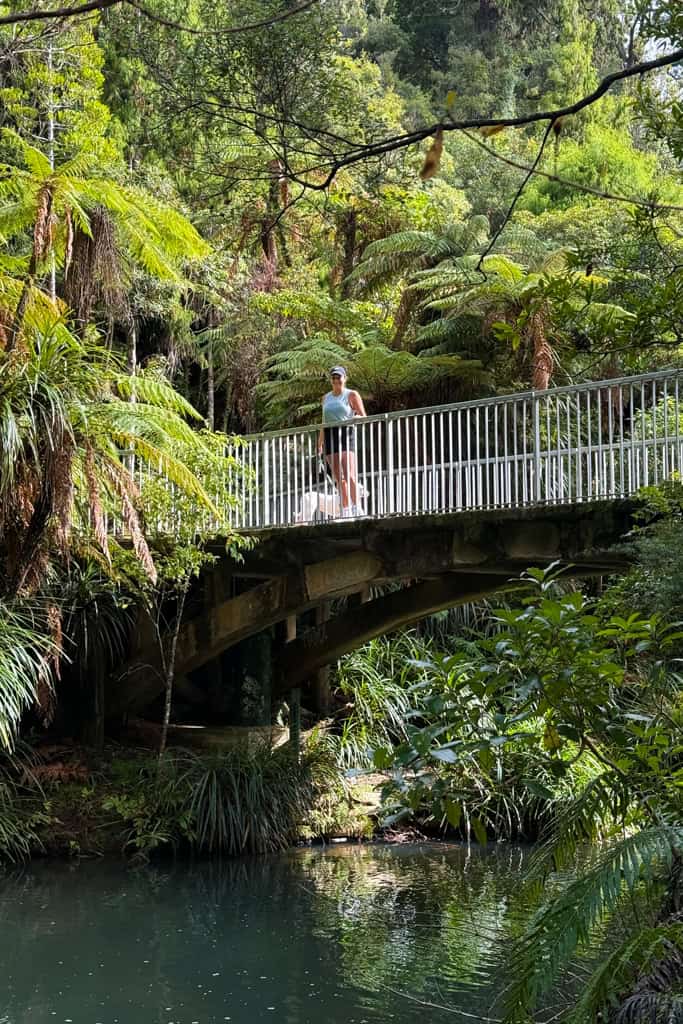 Woman standing on a bridge with a river flowing underneath.