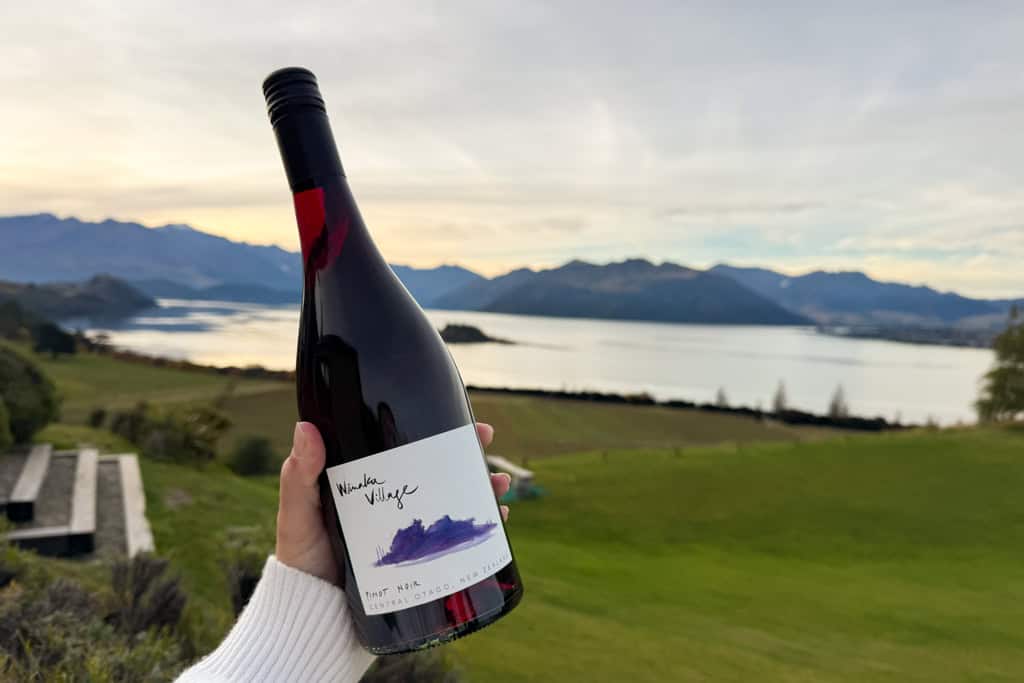 A bottle of wine being held in front of the lake and mountains in Wānaka.