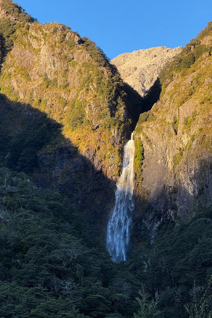 A tall waterfall cascades down a steep rocky cliff surrounded by dense native forest in New Zealand. The rugged mountain landscape showcases the dramatic scenery of South Island waterfalls.