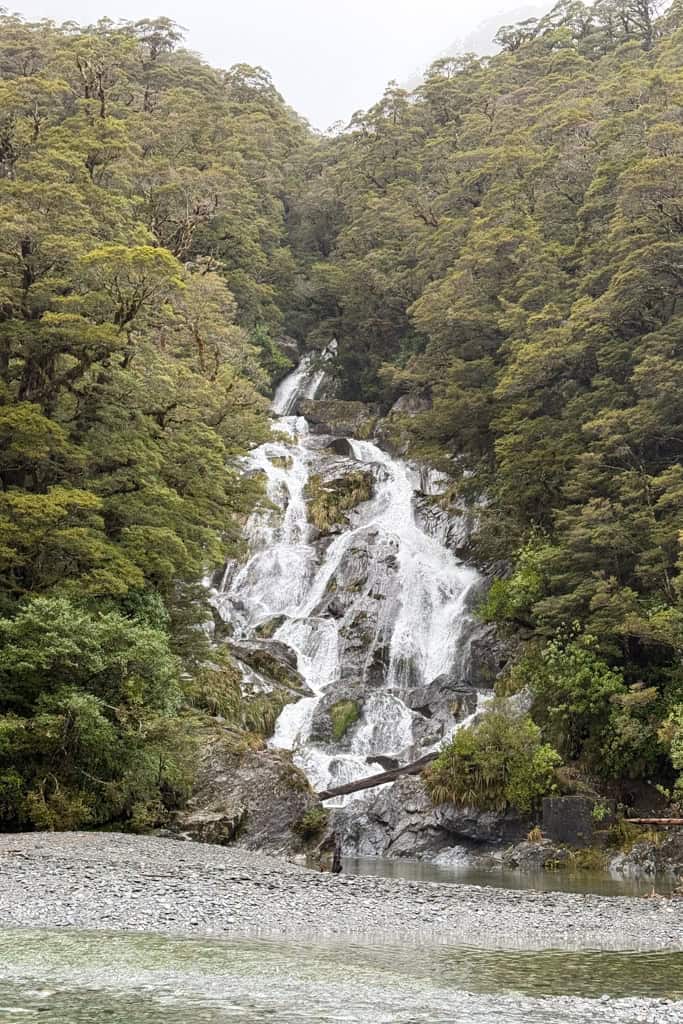 Water falls in all directions at Fantail Falls in the South Island of New Zealand.