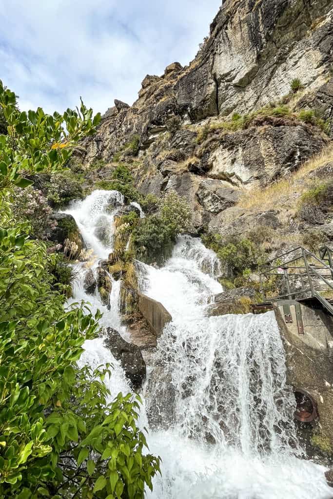 Water falls through the rocks at the Waterfall at Wye Creek near Queenstown.